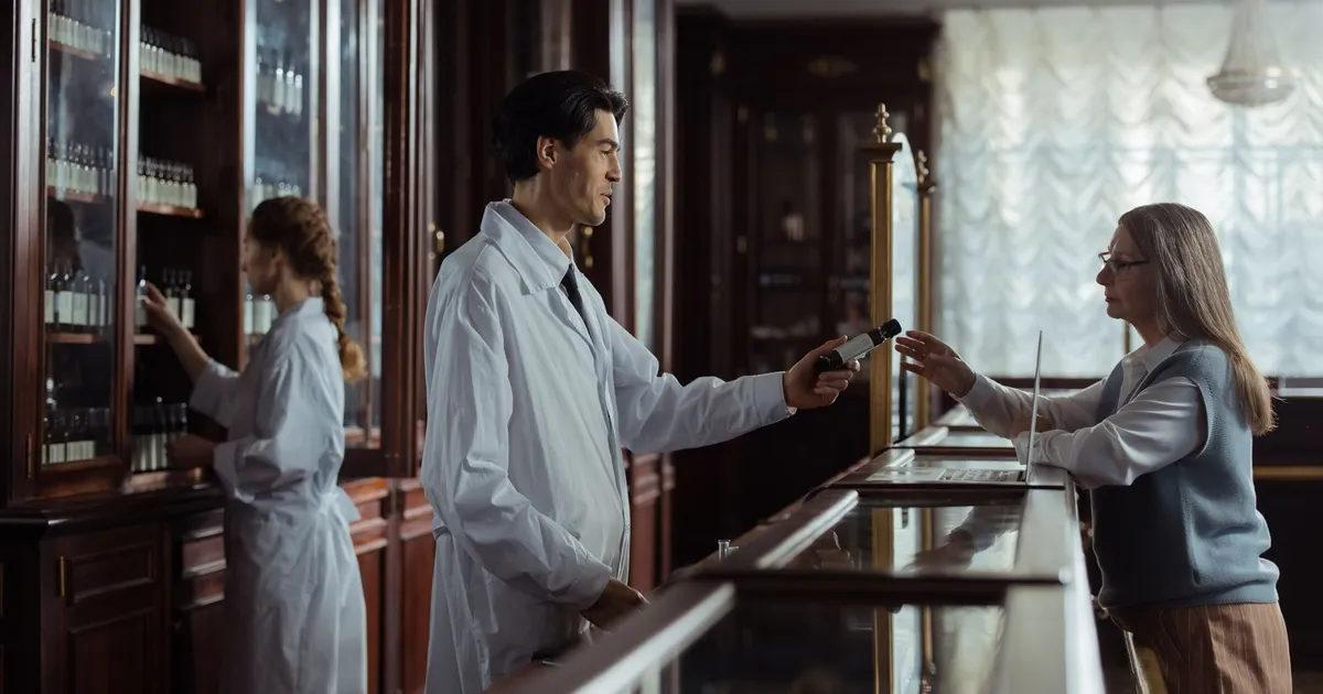 Farmacêutico entrega remédios em balcão vintage, refletindo foco em RADL3, PRIO3 e GGBR4.