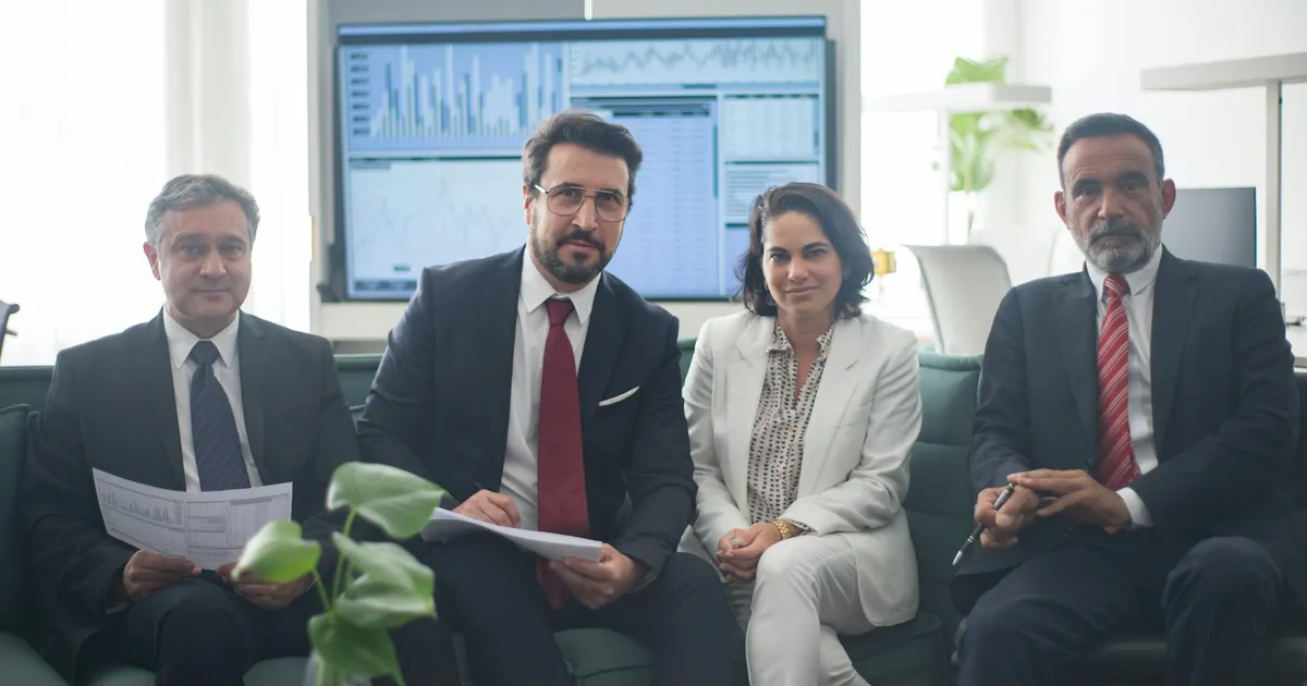 Analistas financeiros discutindo o Ibovespa e o interesse de investidores estrangeiros nas ações.