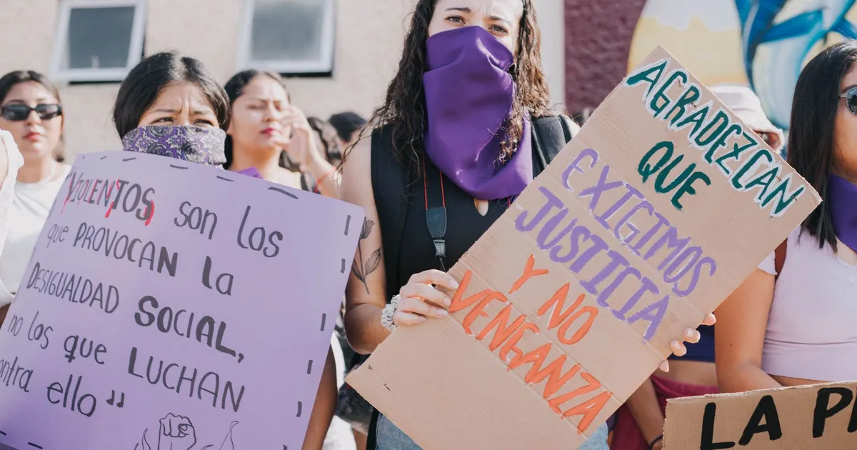 Mulheres em protesto por direitos, em contexto de aprovação de lei contra violência e feminicídio.