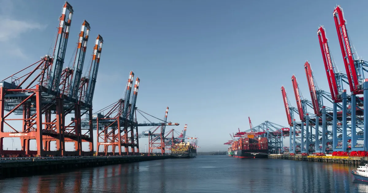 Porto de Hamburgo, exportação de carne bovina para China, com grãos e navios de carga, afeta agronegócio brasileiro.