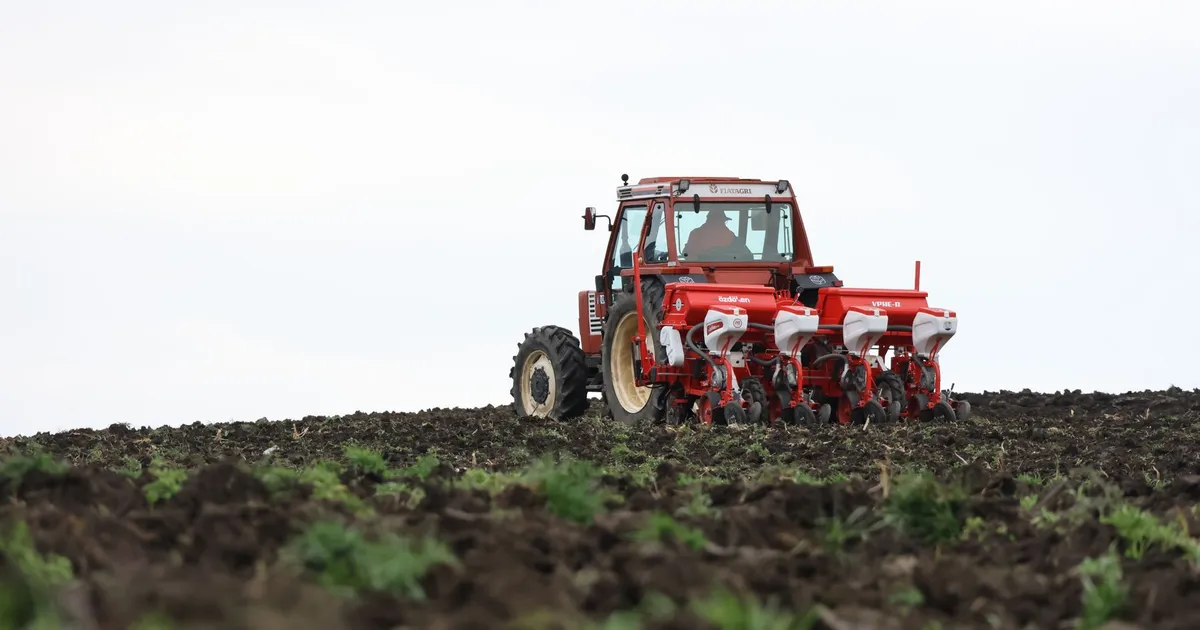 Trator vermelho preparando plantio de soja em campo, impulsionado pelo El Niño, mas com riscos climáticos.