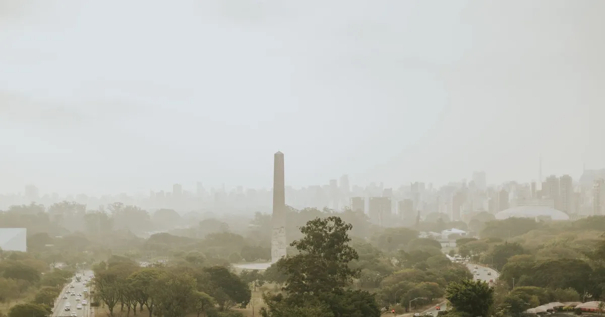 Obelisco no Parque Ibirapuera, SP, com verde e cidade. Impacto feriado 9 de julho no comércio.