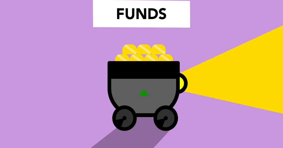 Carrinho cheio de ouro em ilustração criativa simboliza fundos de investimento e renda fixa, com R$ 185 bi.