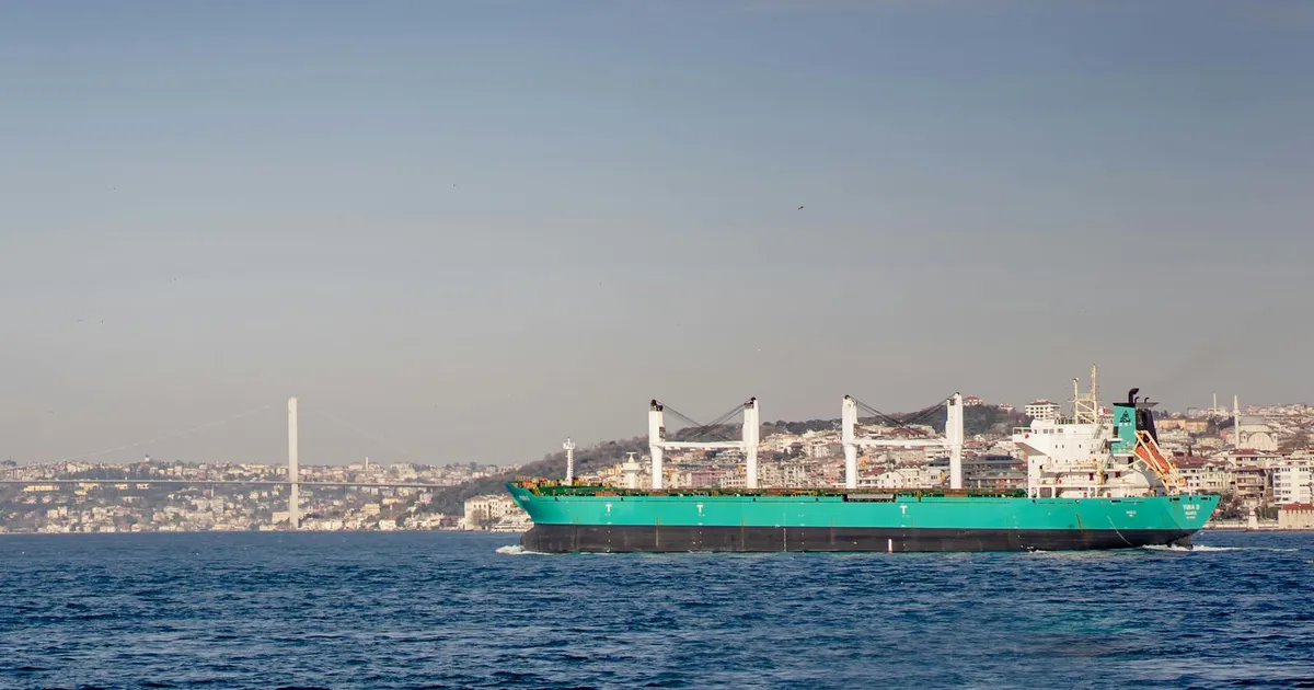 Navio no Bósforo: tensões no Irã afetam frete marítimo, fertilizantes e comércio global no Brasil.