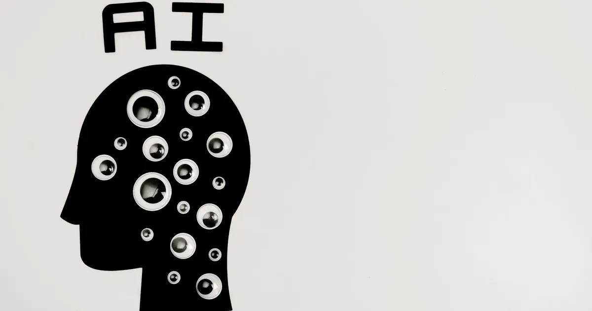 IA: ilustração abstrata de cabeça com olhos, simbolizando desenvolvimento e riscos da Inteligência Artificial.