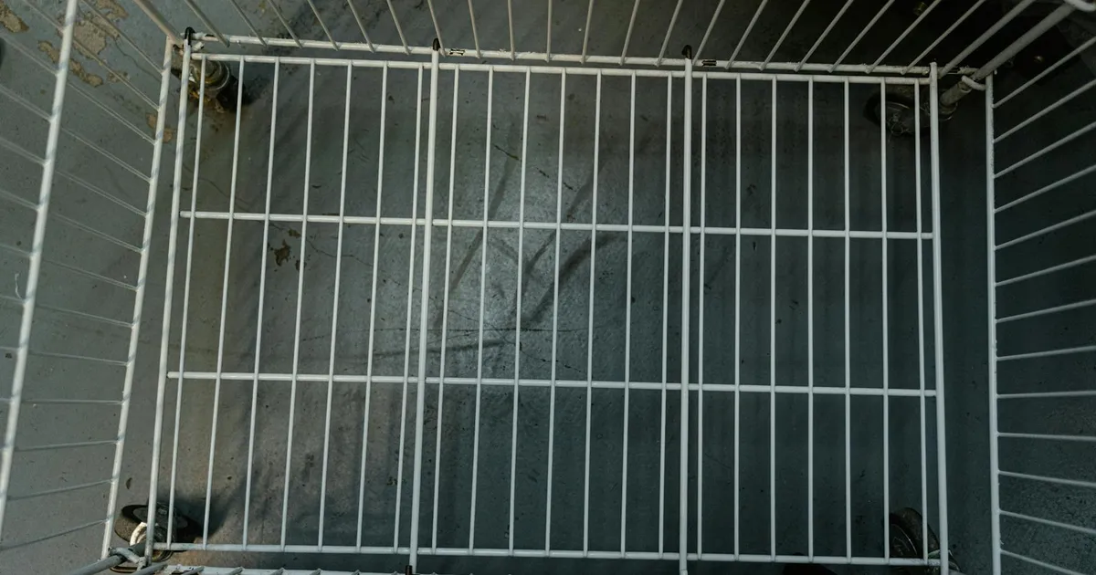 Cesta básica vazia em carrinho de supermercado reflete alta da inflação que aperta indústria e afeta balança comercial.