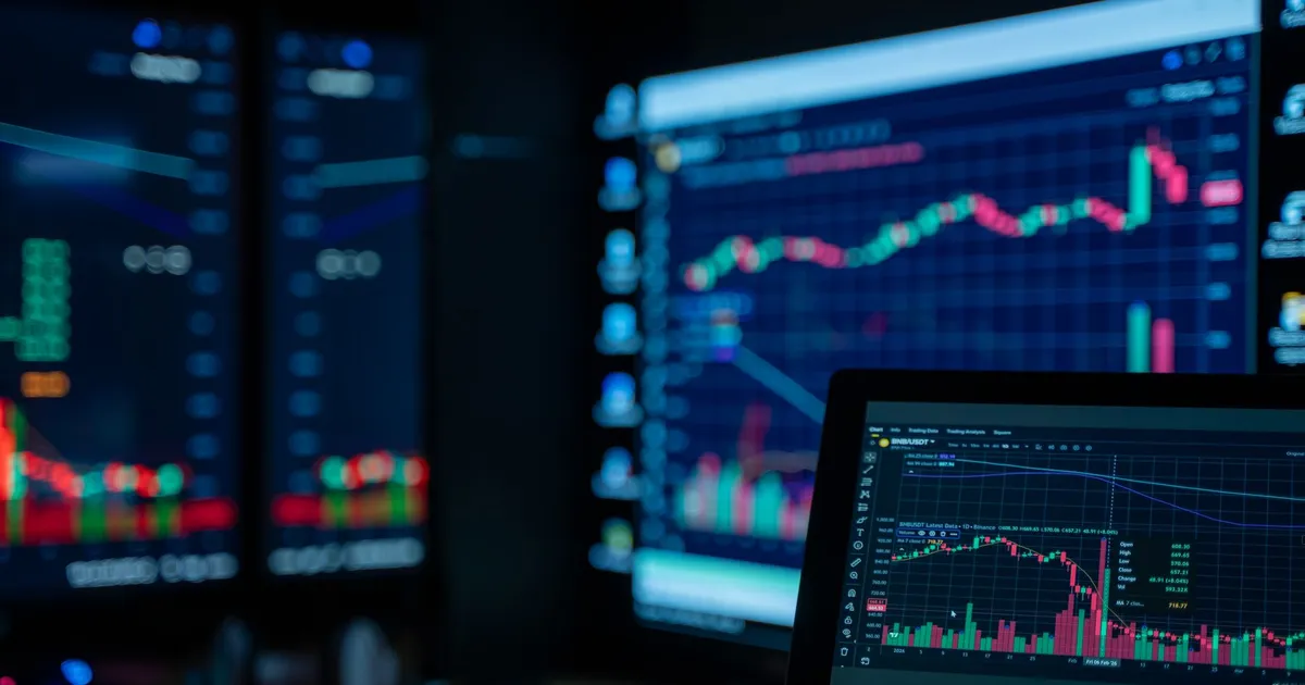 Monitores com gráficos do mercado de ações, foco em Bovespa e futuros dos EUA para o relatório Focus.