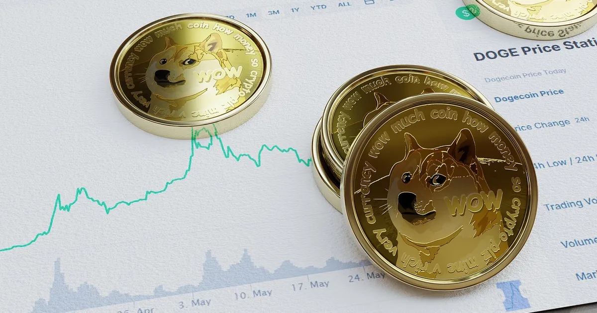 Criptomoedas Dogecoin com fundo de gráfico financeiro e moedas, remetendo a volatilidade e mercado em recuperação.