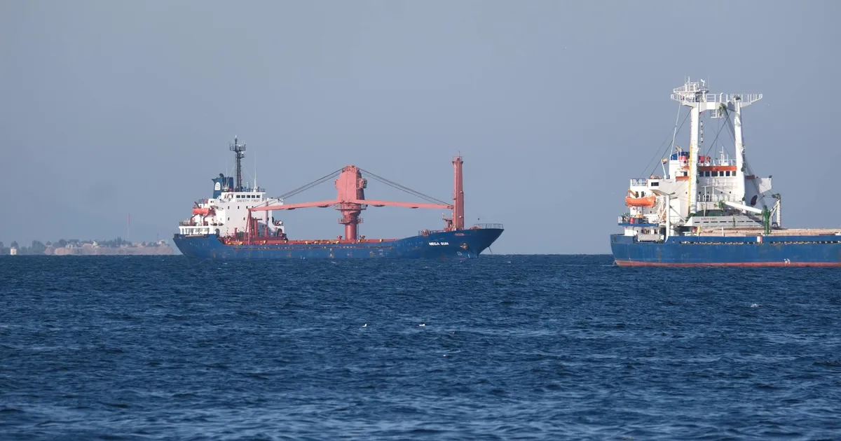 Navios cargueiros navegando no Estreito de Ormuz, cenário de tensão para o petróleo e o comércio global.
